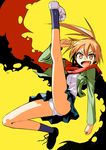  asahina_samidare cape flexible full_body hoshi_no_samidare kicking kumadano legs looking_at_viewer orange_eyes orange_hair panties pantyshot ponytail red_cape simple_background smile solo torn_clothes underwear yellow_background 