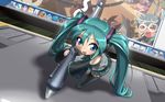  aqua_hair blue_eyes chibi cosine desktop detached_sleeves drawing_tablet hatsune_miku highres izumi_konata long_hair lucky_star making_of microphone minigirl necktie oversized_object skirt solo stylus thighhighs twintails vocaloid wacom wallpaper 