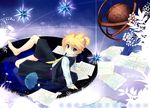  arm_support barefoot blonde_hair blue_eyes celestial_sphere child-box crystal dress_shirt earth feet flower globe grass kagamine_len looking_back male_focus md5_mismatch necktie paper ponytail reflection sheet_music shirt shorts sitting solo spider_lily umbrella vest vocaloid yellow_neckwear 