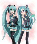  2girls blush blushing cosplay crossover detached_sleeves elbow_gloves hatsune_miku hatsune_miku_(cosplay) headphones hiiragi_kagami kagami_hiiragi leek long_hair lucky_star miku_hatsune multiple_girls necktie open_mouth purple_eyes skirt spring_onion sweat sweatdrop thigh_highs thighhighs tie tsurime twin_tails twintails very_long_hair vocaloid vocaloid2 zettai_ryouiki 