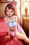  ahoge awakened_miki bed blush breast_squeeze breasts brown_hair crop_top green_eyes hoshii_miki idolmaster idolmaster_(classic) idolmaster_1 large_breasts lunch_(lunch3) midriff pencil_skirt short_hair sitting skirt 
