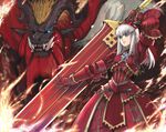  armor armored_dress blue_eyes dragon dress fire huge_weapon left-handed long_hair monster monster_hunter sword teostra teostra_(armor) tetsu_(kimuchi) weapon white_hair 