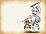  :o blue_eyes cat chibi felyne horn kirin_(armor) long_hair mattaku_mousuke midriff monster_hunter shield shouting solo sword thighhighs wallpaper weapon white_hair 