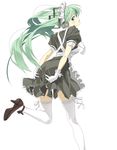  alternate_costume anime_coloring apron bad_id bad_pixiv_id black_dress black_footwear dress embarrassed enmaided gloves green_eyes green_hair hatsune_miku high_heels hiro_(dismaless) long_hair looking_back maid mary_janes shoes solo standing standing_on_one_leg thighhighs twintails vocaloid white_background white_gloves white_legwear zettai_ryouiki 