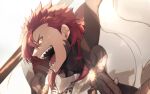  1boy armor fate/grand_order fate_(series) highres koha-ace male_focus medium_hair mori_nagayoshi_(fate) no-kan open_mouth orange_eyes pauldrons polearm profile red_hair rope sharp_teeth shoulder_armor smile solo spear spiked_hair teeth weapon white_background 