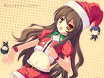  aisaka_taiga brown_eyes brown_hair christmas crop_top crop_top_overhang fang hat long_hair looking_at_viewer midriff natsumiya_yuzu navel open_mouth santa_costume santa_hat shorts solo toradora! 