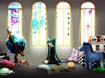  aqua_eyes aqua_hair ball book chandelier church doll_house flower globe hatsune_miku horse kneehighs long_hair musical_note newspaper pillow socks solo suwan toy turtle twintails very_long_hair vocaloid window 