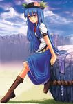  blue_hair boots cross-laced_footwear food fruit full_body hat hinanawi_tenshi keystone lace-up_boots lasterk long_hair peach plantar_flexion red_eyes ribbon rope shimenawa sitting smile solo touhou 