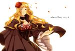  beatrice blonde_hair blue_eyes bow breasts bug butterfly cape choker cleavage dress flower hair_flower hair_ornament insect kouichirou large_breasts long_hair pink_bow rose solo umineko_no_naku_koro_ni 