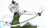  black_hairband bow dual_wielding ghost hair_ribbon hairband highres holding katana konpaku_youmu konpaku_youmu_(ghost) red_eyes ribbon rokuwata_tomoe short_hair silver_hair simple_background skirt solo sword touhou wallpaper weapon 