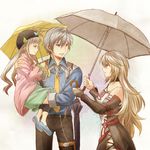  1boy 2girls bare_shoulders belt blue_eyes breasts brown_hair coat detached_sleeves dress elle_mel_martha frills grey_hair hair_ornament hat long_hair ludger_will_kresnik milla_(tales_of_xillia_2) multiple_girls necktie pants red_eyes shoes short_hair skirt tales_of_(series) tales_of_xillia_2 twintails umbrella 