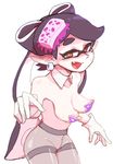  1girl aori_(splatoon) areola_slip areolae armpits bare_shoulders black_hair blush breasts collar collarbone crotch_seam detached_collar earrings fang gloves hair_ornament highres inarou_(rakugakiproject) jewelry large_breasts long_hair nipple_slip nipples no_panties open_mouth pantyhose pasties pointy_ears simple_background solo splatoon_(series) splatoon_1 tentacle_hair thighband_pantyhose very_long_hair white_gloves 