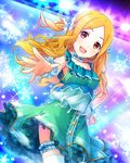  blonde_hair collar dress green_dress hair_ornament idolmaster idolmaster_cinderella_girls long_hair looking_at_viewer microphone mochizuki_hijiri official_art outstretched_hand red_eyes solo stage winter 