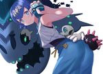  arm_up armpits ass baggy_pants blue_eyes blue_hair bright_pupils fish flat_ass from_behind gen_7_pokemon glowing glowing_eyes green_eyes hairband hand_on_another's_ass holding holding_poke_ball looking_at_viewer looking_back mimikaki_(men_bow) one-piece_swimsuit pants pink_eyes poke_ball pokemon pokemon_(creature) pokemon_(game) pokemon_sm pyukumuku shirt short_hair simple_background sleeveless sleeveless_shirt smile suiren_(pokemon) swimsuit swimsuit_under_clothes trial_captain white_background wishiwashi 