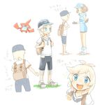  1girl ace_trainer_(pokemon) backpack bag baseball_cap black_gloves black_hat blonde_hair blue_eyes boots brown_eyes brown_hair capri_pants character_sheet gen_4_pokemon gloves hat hood hoodie pants pokedex pokemon pokemon_(creature) pokemon_(game) pokemon_sm rotom rotom_dex shoes short_hair shorts simple_background sleeveless sleeveless_hoodie sneakers visor_cap white_background you_(pokemon) ziro_(daydozen) 