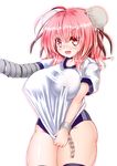  amputee bandaged_arm bandages blush breasts buruma commentary_request covered_nipples curvy double_bun gym_uniform ibaraki_kasen large_breasts moura_(kenyuugetu) nose_blush pink_eyes pink_hair plump shirt_tug solo thick_thighs thighhighs thighs touhou 