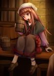  ankle_ribbon bar bar_stool barrel brick_wall capelet counter dress fang grin hat head_tilt holo indoors kirishima_itsuki layered_dress loafers long_hair long_sleeves looking_at_viewer mouth_hold red_eyes red_hair ribbon rope shelf shoes sitting sitting_on_object smile solo spice_and_wolf stool tankard 