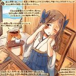  animal asakaze_(kantai_collection) blue_eyes blue_hakama blue_ribbon bow brown_hair chair colored_pencil_(medium) commentary_request cup dated day hair_bow hair_ribbon hakama hamster japanese_clothes kantai_collection kirisawa_juuzou light_brown_hair long_hair meiji_schoolgirl_uniform mug non-human_admiral_(kantai_collection) numbered one_eye_closed ribbon sitting table traditional_media translation_request tray twitter_username waking_up wavy_hair 