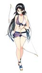  bikini black_hair bow_(weapon) breasts brown_eyes cleavage covered_navel full_body glasses hairband highres holding holding_bow_(weapon) holding_weapon inaba_yamashou large_breasts long_hair looking_at_viewer navel official_art sandals sasamori_tomoe semi-rimless_eyewear shirohime_quest smile solo swimsuit transparent_background weapon 