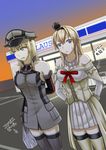  bismarck_(kantai_collection) blonde_hair blue_eyes braid brand_name_imitation convenience_store crown detached_sleeves dress dutch_angle french_braid grey_legwear halcyon_(halcyon90) hat highres jewelry kantai_collection lawson long_hair military_hat mini_crown multiple_girls necklace off-shoulder_dress off_shoulder peaked_cap shop standing thighhighs translated warspite_(kantai_collection) white_legwear 