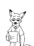  anthro bernielover black_and_white canine clothed clothing disney edit fox fur mammal monochrome necktie nick_wilde paper reaction_image simple_background white_background wide_eyed zootopia 
