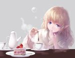  bangs blonde_hair blue_eyes bubble cake coffee cup food fork fruit grey_background hand_to_own_mouth haori_iori long_hair looking_down original parted_lips pointy_ears saucer simple_background sleepwear solo steam strawberry teacup teapot teeth 
