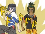  arm_up backpack bag bangs bangs_pinned_back baseball_cap black_hair black_hat black_shirt capri_pants dark_skin dark_skinned_male gguinep green_hair grey_eyes hair_ornament hairclip hand_over_face hat hau_(pokemon) jojo_no_kimyou_na_bouken jojo_pose looking_at_viewer male_focus multiple_boys pants parody pokemon pokemon_(game) pokemon_sm pose shirt shorts sidelocks striped striped_shirt swept_bangs t-shirt topknot yellow_shorts you_(pokemon) z-ring 