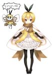  antennae arare_mochiko bangs black_gloves black_legwear black_ribbon blonde_hair blush brown_eyes brown_scarf bug closed_mouth dress elbow_gloves eyebrows_visible_through_hair flying frilled_dress frills gen_7_pokemon gloves hair_between_eyes hair_ornament hairband hairclip insect insect_wings jacket knees_apart_feet_together looking_at_viewer moemon pantyhose personification pigeon-toed pokemon ribbon ribombee scarf short_hair short_sleeves simple_background smile standing white_background white_dress wings yellow_jacket 