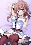  arm_behind_head armpits blue_eyes blush bra breast_pocket breasts brown_hair commentary_request dress finger_to_mouth garter_straps hair_between_eyes hand_on_own_chest impossible_clothes jewelry kantai_collection large_breasts long_hair looking_at_viewer nijimoto_hirok on_bed panties pocket red_legwear ring saratoga_(kantai_collection) side_ponytail solo thighhighs underwear wedding_band white_bra white_dress white_panties 