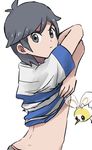  bangs black_hair commentary_request cutiefly from_behind gen_7_pokemon grey_eyes highres kometubu0712 looking_at_viewer male_focus pokemon pokemon_(creature) pokemon_(game) pokemon_sm shirt simple_background solo striped striped_shirt swept_bangs t-shirt undressing upper_body white_background you_(pokemon) 