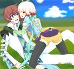  1boy 1girl asbel_lhant blue_eyes blush breasts brown_eyes coat elbow_gloves gloves multicolored_hair one_eye_closed open_mouth pants pascal red_hair scarf shoes short_hair short_shorts shorts tales_of_(series) tales_of_graces 