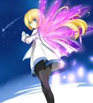  1girl ass blonde_hair blue_eyes capelet collet_brunel dress gloves long_hair pantyhose smile tales_of_(series) tales_of_symphonia wings 