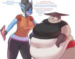  anthro belly big_belly big_breasts breasts cervine clothed clothing deer duo english_text feline female fur hair horn lynx mammal masterp123 morbidly_obese navel obese open_mouth overweight simple_background snow sweat text 