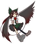  arms_behind_back bad_id bad_pixiv_id bird_wings black_hair black_wings bow cape collared_shirt eyeball feathered_wings full_body green_bow green_skirt hair_bow holding_arm loafers long_hair looking_away pantyhose puffy_short_sleeves puffy_sleeves red_eyes reiuji_utsuho shinmon_akika shirt shoes short_sleeves simple_background skirt smile solo third_eye touhou white_background white_shirt wings 