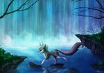  ambiguous_gender black_eyes canine day detailed_background dragon feral fur grey_fur hair mammal neytirix outside paws reflection solo standing water waterfall white_hair 