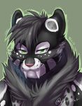  2016 ambiguous_gender anthro black_fur bust_portrait cheek_tuft digital_media_(artwork) ear_markings eye_markings facial_markings fangs feline front_view fur green_background green_eyes grey_fur grey_hair hair half-closed_eyes hi_res looking_at_viewer mammal markings multicolored_fur neck_tuft pink_nose portrait saber-toothed_cat sabertooth_(feature) signature simple_background solo tartii tuft white_fur 