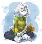  2016 3_toes 4_fingers annoyed anthro asriel_dreemurr barefoot big_ears biped black_eyes blue_background boss_monster caprine child claws clothed clothing digital_media_(artwork) eyebrows feet floppy_ears flower frown fur goat grumpy head_tuft holding_flower holding_object long_ears looking_away male mammal pants plant raised_eyebrow short_tail signature simple_background sitting small_tail snout solo sweater teaselbone toe_claws toes turtleneck undertale video_games white_fur white_tail young 