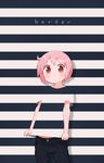  bad_id bad_pixiv_id blending blush casual commentary_request denim english highres jeans looking_at_viewer nonohara_yuzuko okayparium optical_illusion pants pink_eyes pink_hair shirt shirt_pull short_hair smile solo striped striped_background striped_shirt surreal t-shirt text_focus yuyushiki 