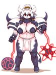  abs armor big_breasts boots bovine breasts bulge cattla cattle clothing dickgirl footwear horn intersex looking_at_viewer mammal navel nipple_bulge red_eyes saruku_(サルク) simple_background smile solo sorcerland unconvincing_armor weapon white_background 