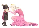  1boy 1girl aurora_(disney) black_footwear black_hat blush boku_no_hero_academia cape cosplay crown dress eyes_closed hand_kiss hat kiss kneeling long_sleeves mother_and_son pink_dress prince_philip prince_philip_(cosplay) princess_aurora princess_aurora_(cosplay) profile puffy_sleeves purple_cape red_hair sleeping_beauty todoroki_rei todoroki_shouto uppi white_background white_hair 