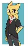  anthro clothed clothing dooks feline female frown fully_clothed fur hair khajiit long_hair looking_at_viewer mammal necktie prequel rajirra solo suit the_elder_scrolls video_games yellow_fur 