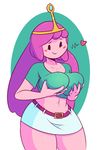  &lt;3 2016 adventure_time big_breasts blush breasts cartoon_network clothed clothing crown dabbledraws female grope hair long_hair miniskirt navel not_furry pink_hair princess_bubblegum simple_background skirt smile solo standing 