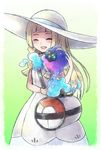  bag bangs bare_arms blonde_hair blunt_bangs blush braid closed_eyes collared_dress cosmog dress duffel_bag gen_7_pokemon handbag hat hayate_(pixiv5970090) lillie_(pokemon) long_hair poke_ball_theme pokemon pokemon_(creature) pokemon_(game) pokemon_sm see-through sleeveless sleeveless_dress sun_hat sundress twin_braids white_dress white_hat 