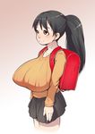  backpack bag black_skirt breasts child gradient gradient_background huge_breasts j7w long_hair meikko-chan_(j7w) miniskirt oppai_loli original pink_background ponytail randoseru red_eyes ribbed_sweater skirt smile solo sweater white_background 