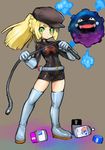  bangs blonde_hair blunt_bangs blush braid clothes_writing cosmog cosmog_(cosplay) cosplay covered_navel dakusuta french_braid gen_1_pokemon gen_7_pokemon gloves green_eyes hat highres koffing lillie_(pokemon) long_hair looking_at_viewer pokemon pokemon_(creature) pokemon_(game) pokemon_sm ponytail shiny shiny_clothes skirt smile solo team_rocket_uniform thighhighs whip 