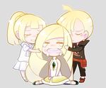  blonde_hair brother_and_sister chibi closed_eyes commentary_request crying dress gladio_(pokemon) hug lillie_(pokemon) long_hair lusamine_(pokemon) mother_and_daughter mother_and_son multiple_girls pokemon pokemon_(game) pokemon_sm ponytail sabamoon1717 siblings spoilers tears 