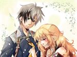  1boy 1girl aqua_eyes bare_shoulders blonde_hair blush clenched_teeth detached_sleeves grey_hair long_hair ludger_will_kresnik milla_(tales_of_xillia_2) multicolored_hair necktie open_mouth red_eyes short_hair tales_of_(series) tales_of_xillia_2 tears 