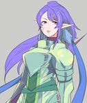  1girl armor blue_hair grey_background judith lips long_hair pointy_ears purple_eyes scar spear tales_of_(series) tales_of_vesperia weapon 