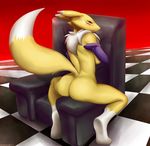  2015 anthro black_sclera blue_eyes blush breasts bridal_gauntlets butt canine chair clothing digimon female fox fur madopts mammal mostly_nude raised_tail renamon side_boob sitting solo spread_legs spreading tuft white_fur yellow_fur 