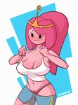  adventure_time animated animated_gif aqua_shorts big_hair blush bouncing_breasts breasts collarbone contrapposto cowboy_shot crop_top dabble drawstring grin halter_top halterneck hands_up high_ponytail lace lace-trimmed_panties large_breasts long_hair looking_at_breasts navel no_bra no_nose nose_blush panties pink_hair pink_skin princess princess_bonnibel_bubblegum red_panties short_shorts shorts shorts_pull side_slit sideboob signature smile solid_oval_eyes solo strap_gap tank_top teeth tiara toon underwear white_tank_top wide_hips 